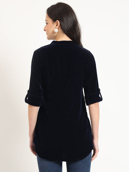 Navy Blue Solid Print Velvet Top