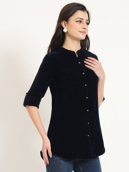 Navy Blue Solid Print Velvet Top