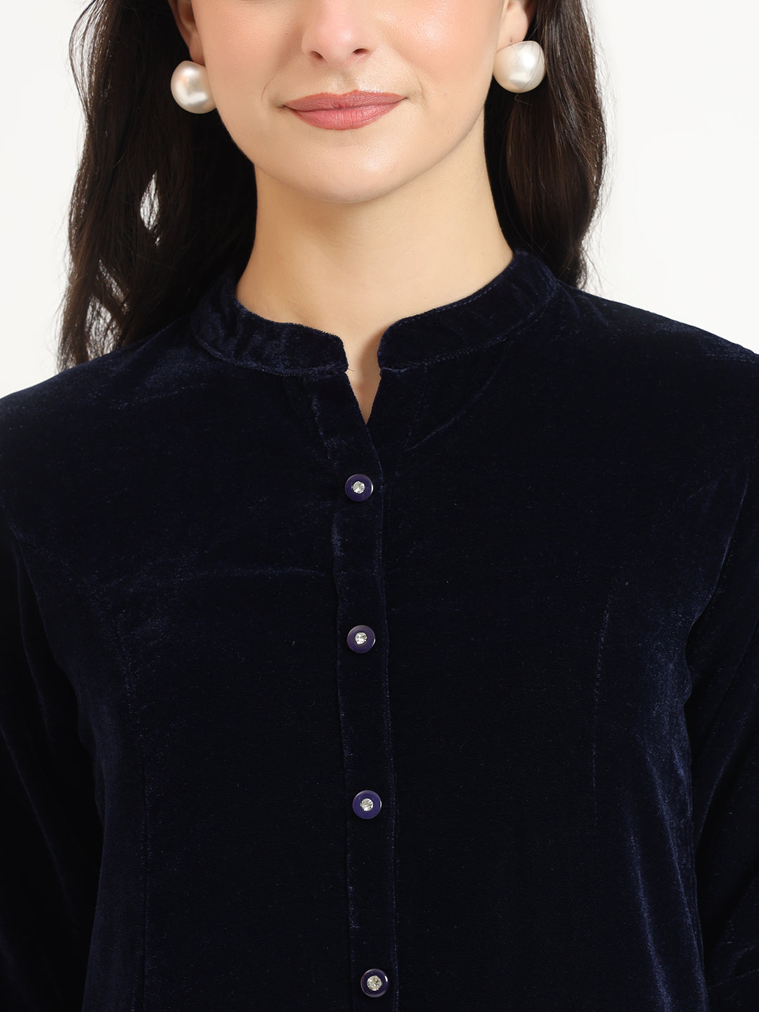 Navy Blue Solid Print Velvet Top