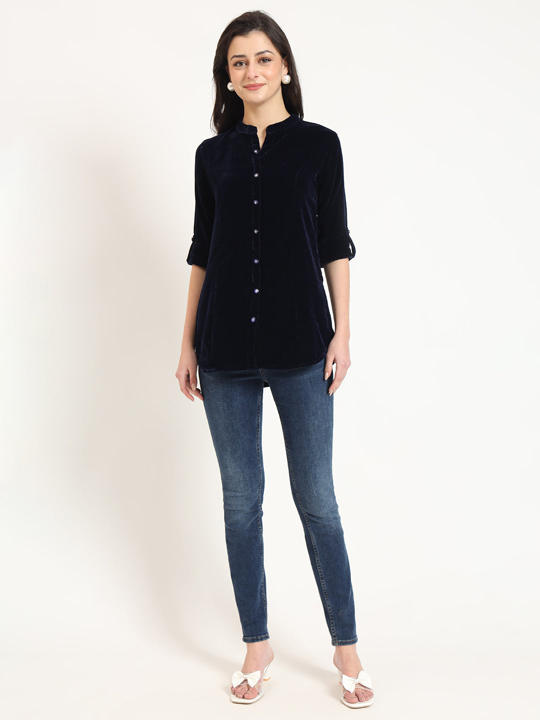 Navy Blue Solid Print Velvet Top