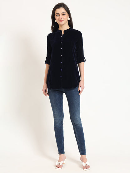 Navy Blue Solid Print Velvet Top