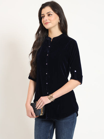 Navy Blue Solid Print Velvet Top