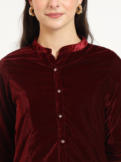 Maroon Solid Print Velvet Straight Top