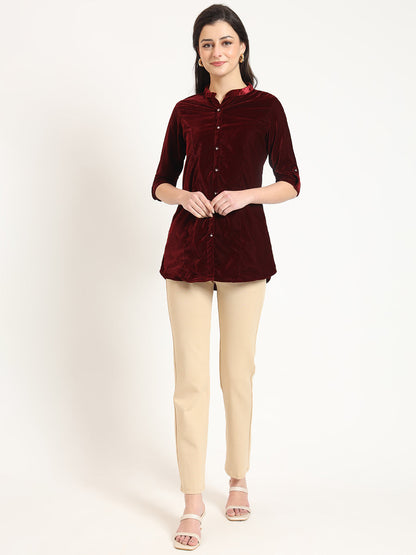 Maroon Solid Print Velvet Straight Top