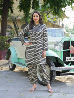 Black Ethnic Printed Cotton Fabric Shirt Kurta With Trouser