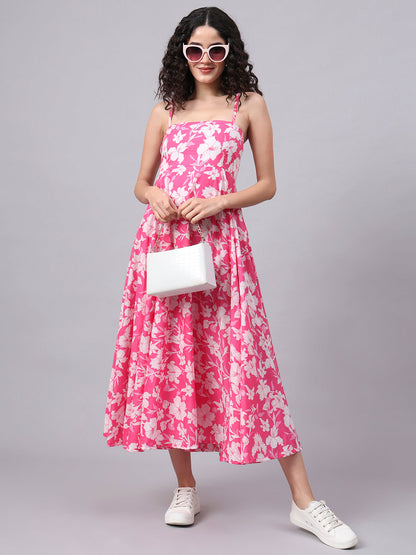 Pink Floral Shoulder Straps Cotton Dress