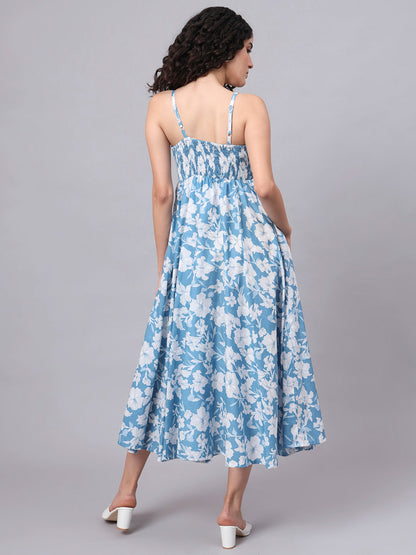 Blue Floral Shoulder Straps Cotton Dress
