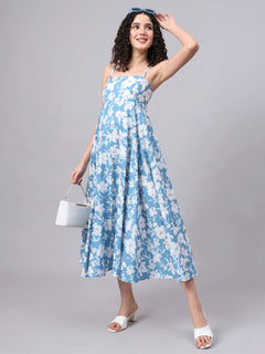 Blue Floral Shoulder Straps Cotton Dress