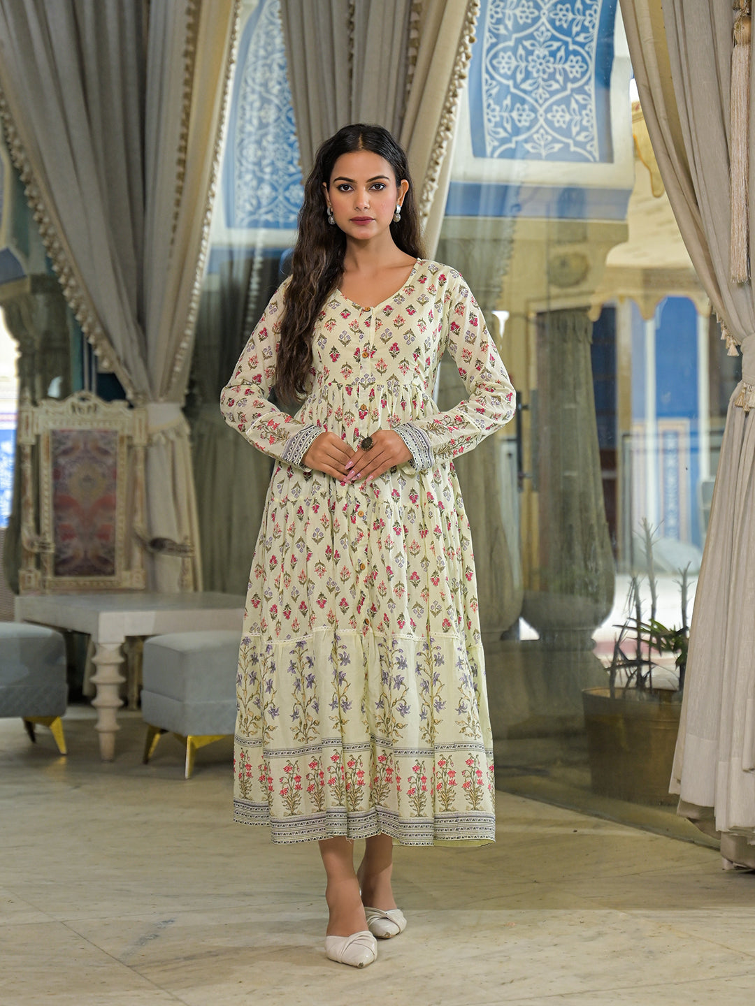Divena Cream Ethnic Motif Cotton Dress