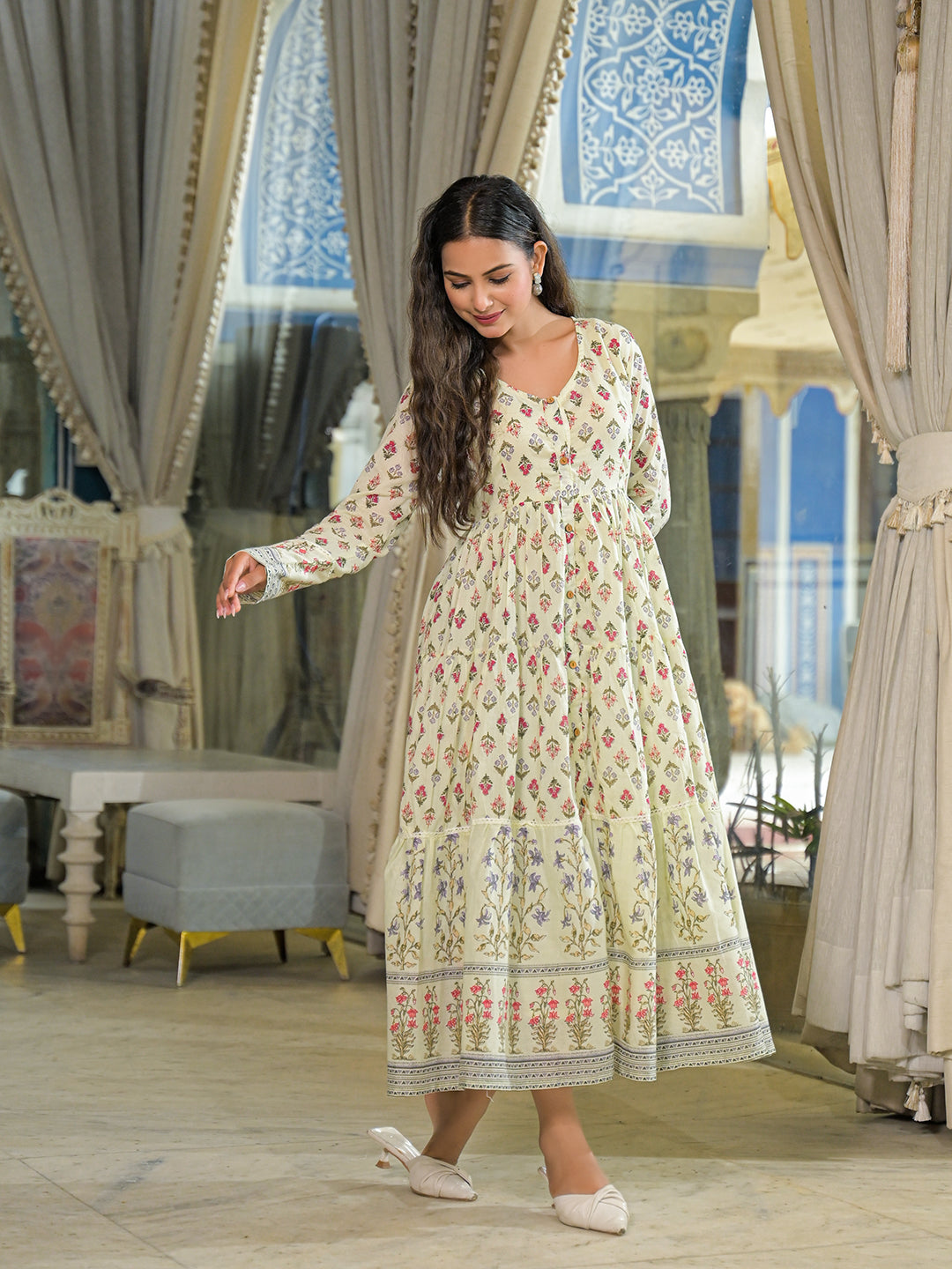 Divena Cream Ethnic Motif Cotton Dress