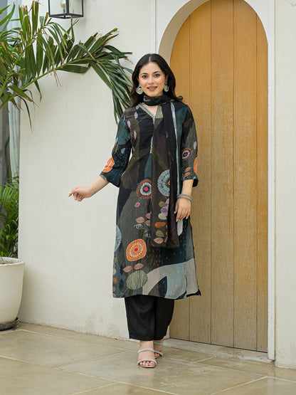 Black Pure Crepe Digital Print Kurta Pant Set With Dupatta