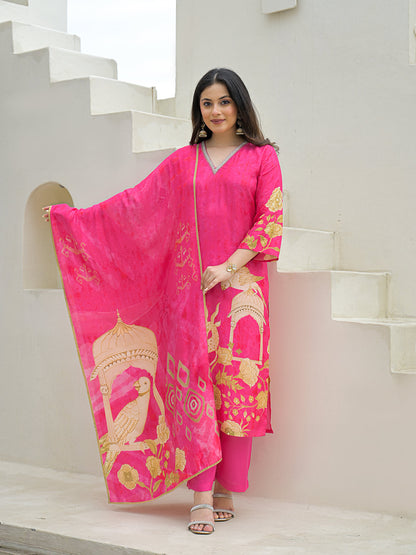 Pink Muslin Digital Print Kurta Pant Set With Dupatta
