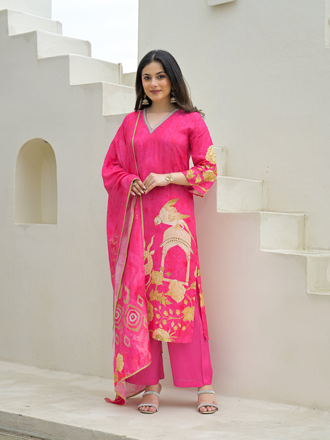 Pink Muslin Digital Print Kurta Pant Set With Dupatta