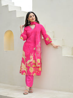 Pink Muslin Digital Print Kurta Pant Set With Dupatta