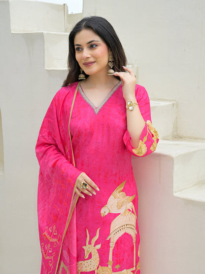 Pink Muslin Digital Print Kurta Pant Set With Dupatta