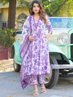Floral Printed Anarkali Pure Cotton Kurta Pant with Dupatta