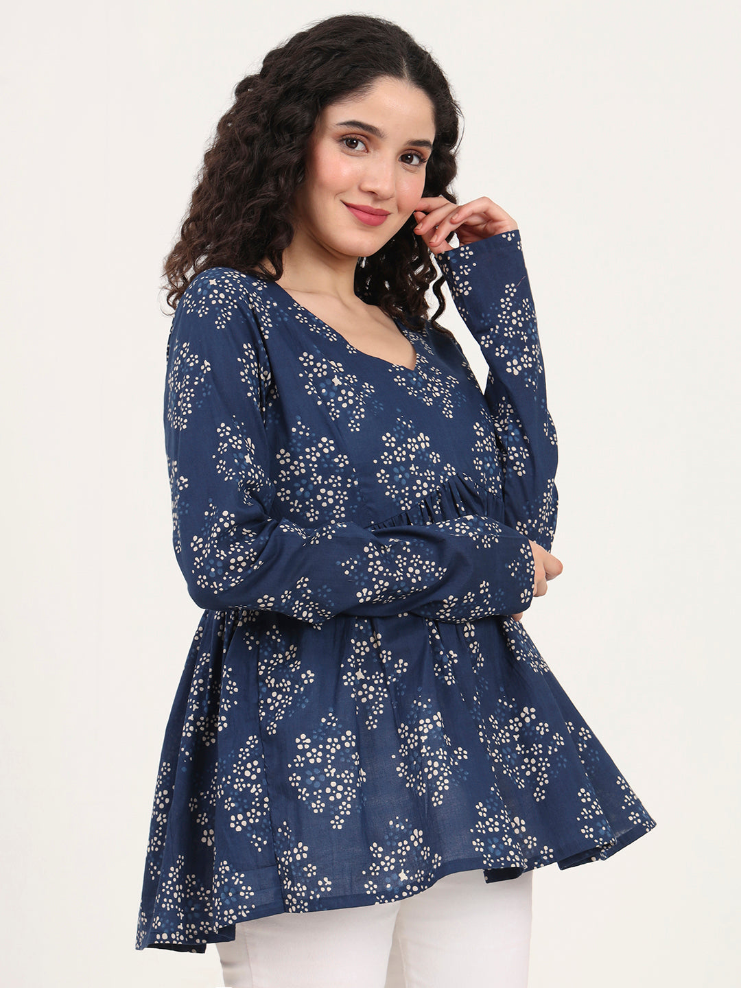 Blue Floral Printed V Neck Cotton Top