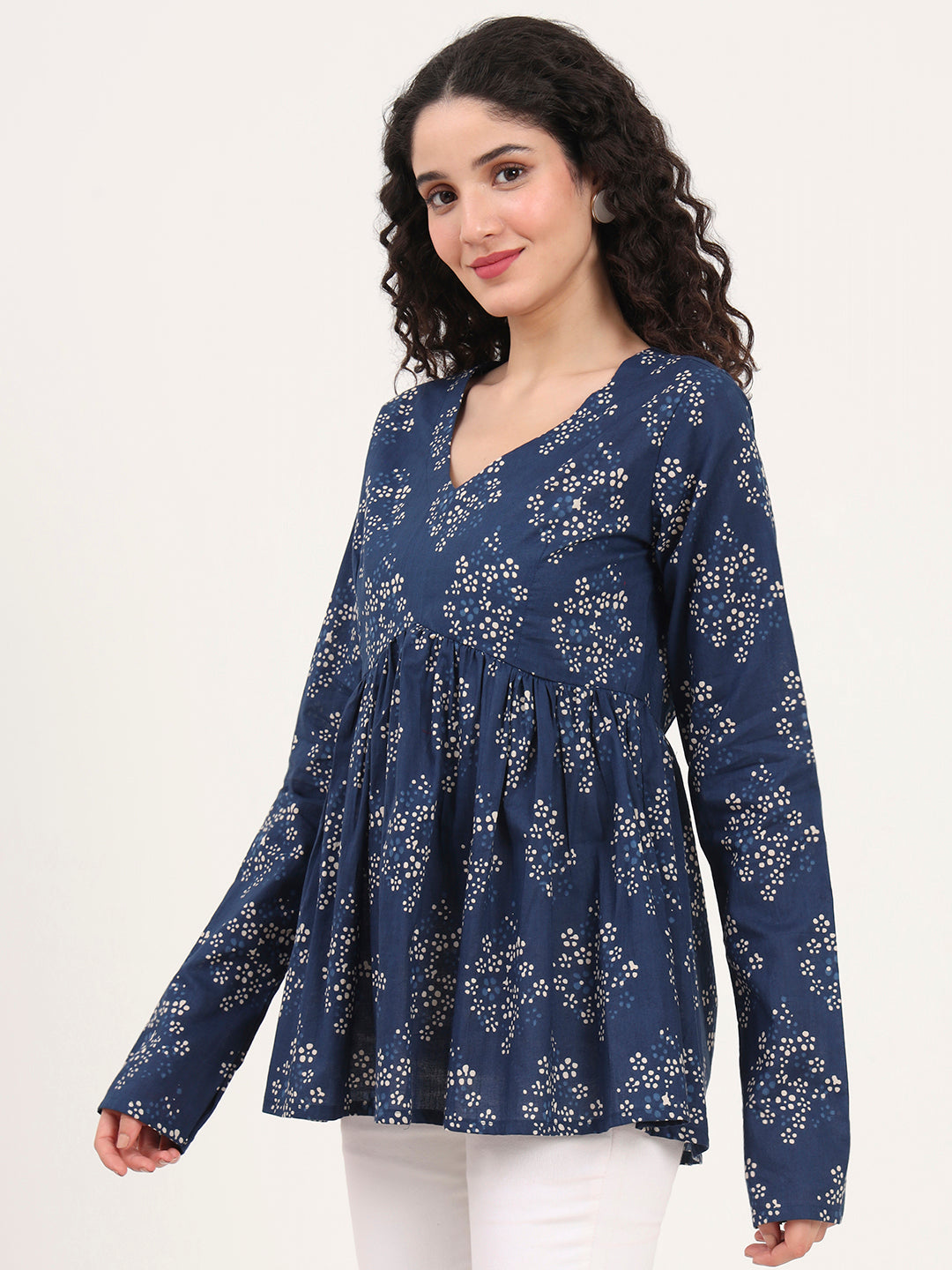 Blue Floral Printed V Neck Cotton Top