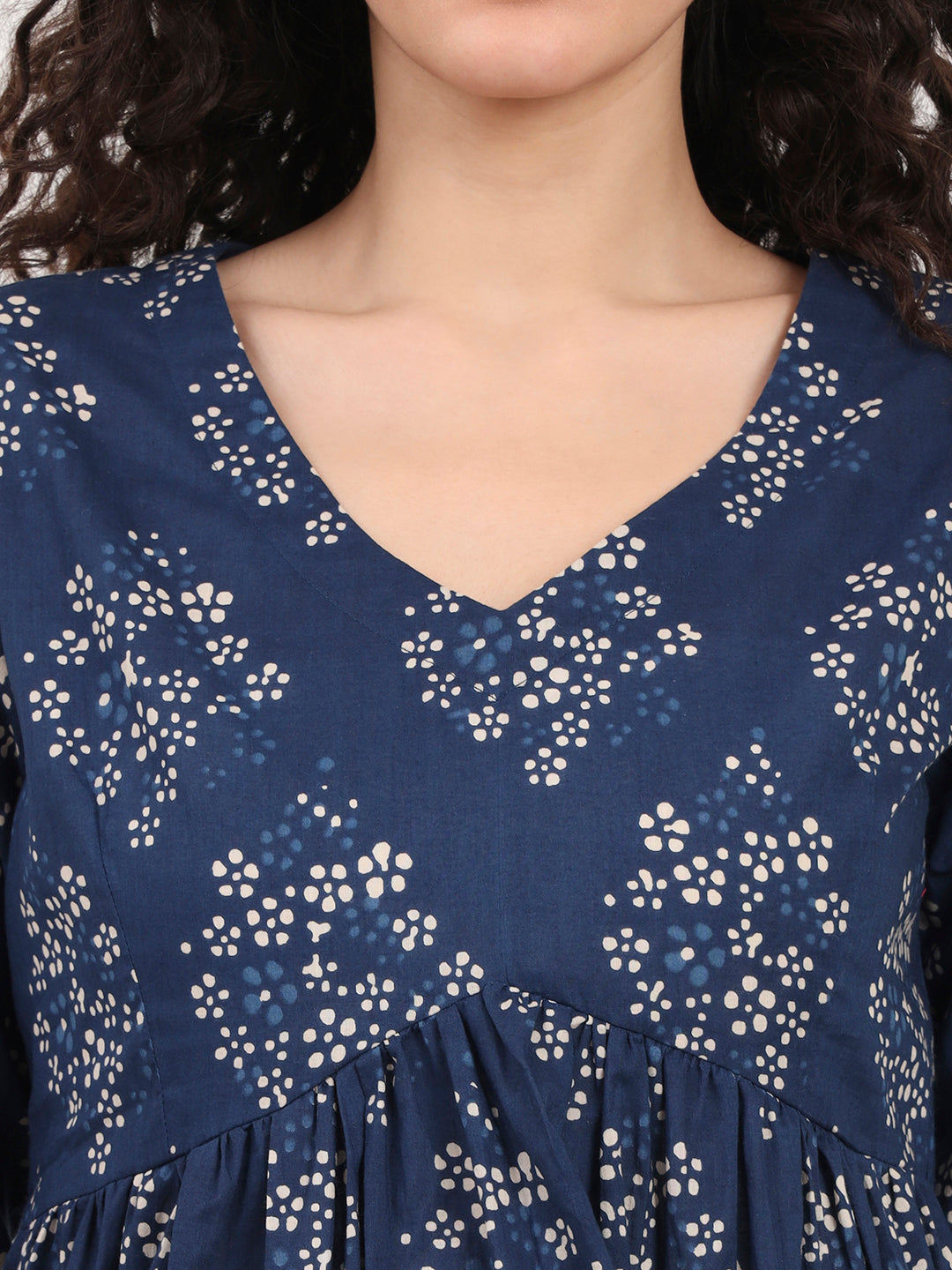 Blue Floral Printed V Neck Cotton Top