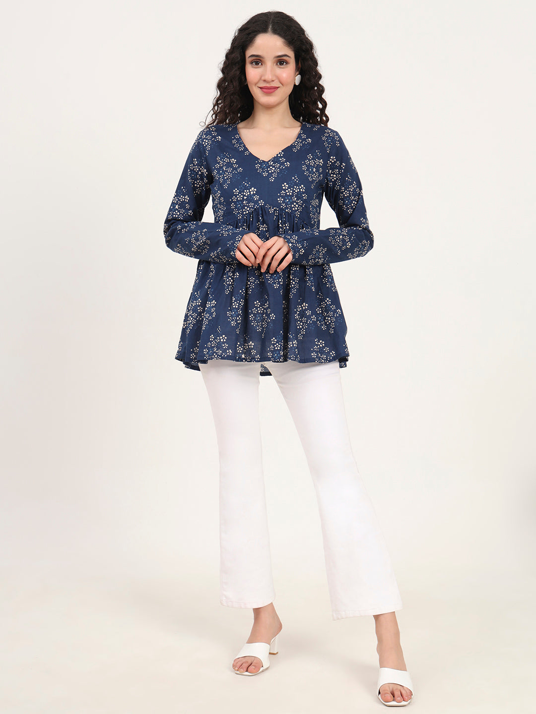 Blue Floral Printed V Neck Cotton Top