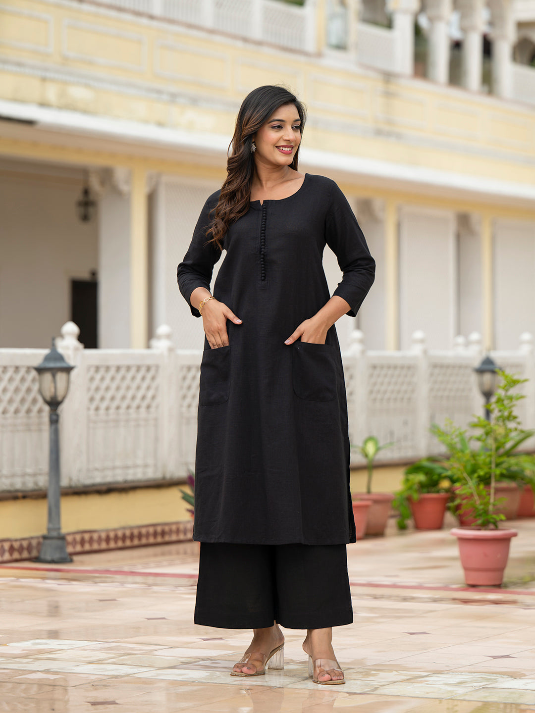 Black Solid Cotton Kurta Pant Set