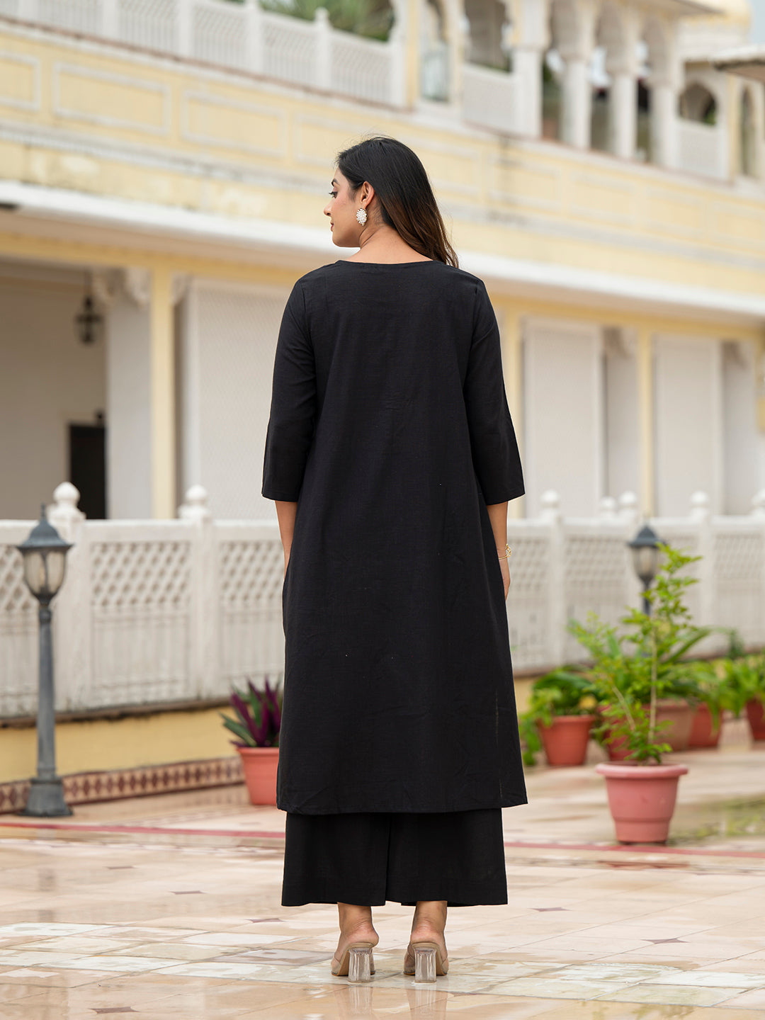 Black Solid Cotton Kurta Pant Set