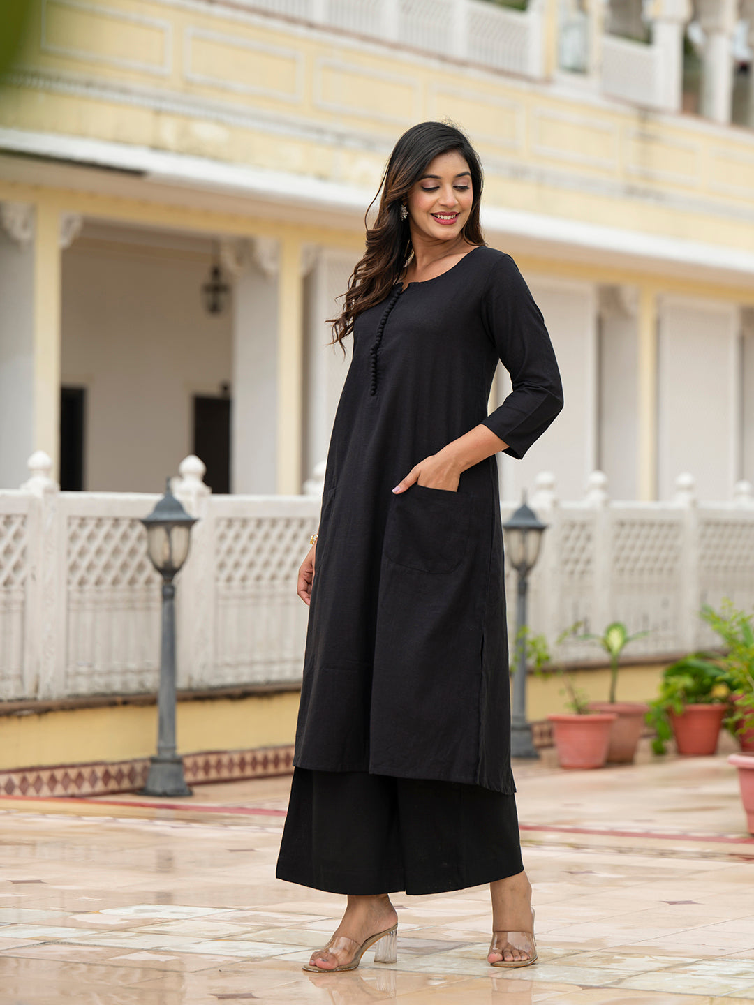 Black Solid Cotton Kurta Pant Set