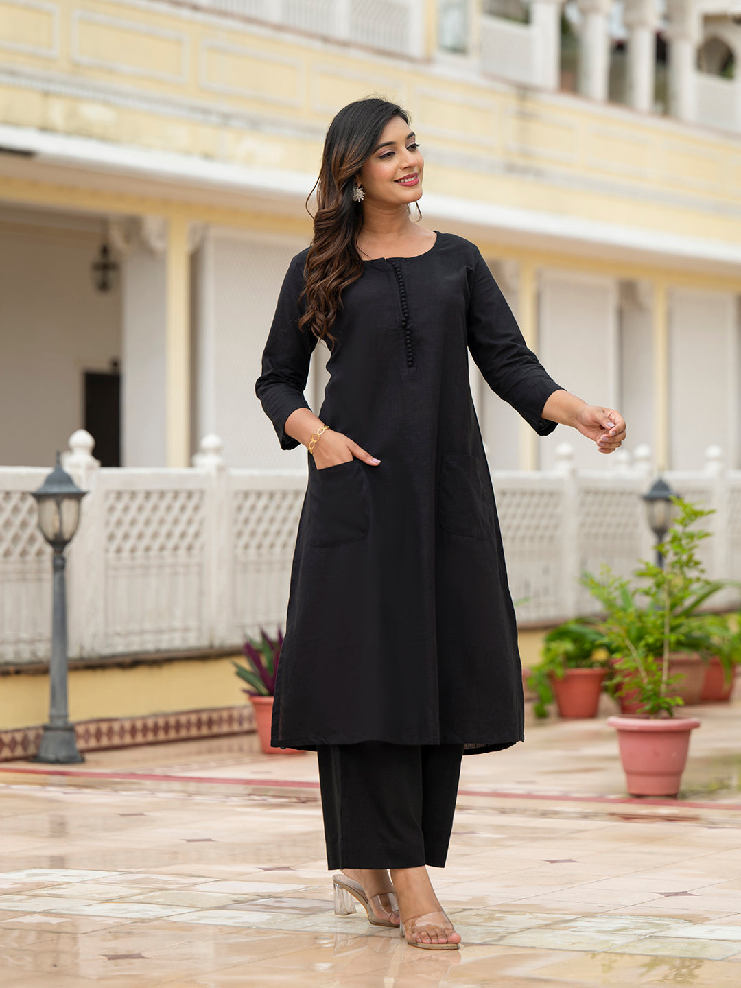 Black Solid Cotton Kurta Pant Set
