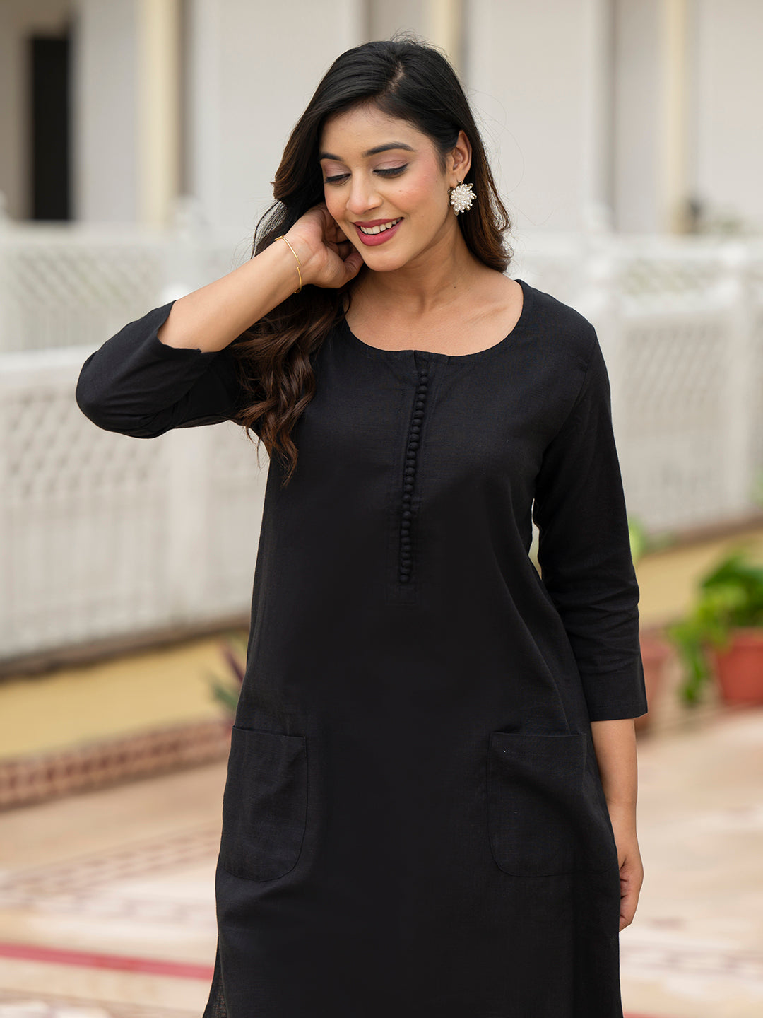 Black Solid Cotton Kurta Pant Set
