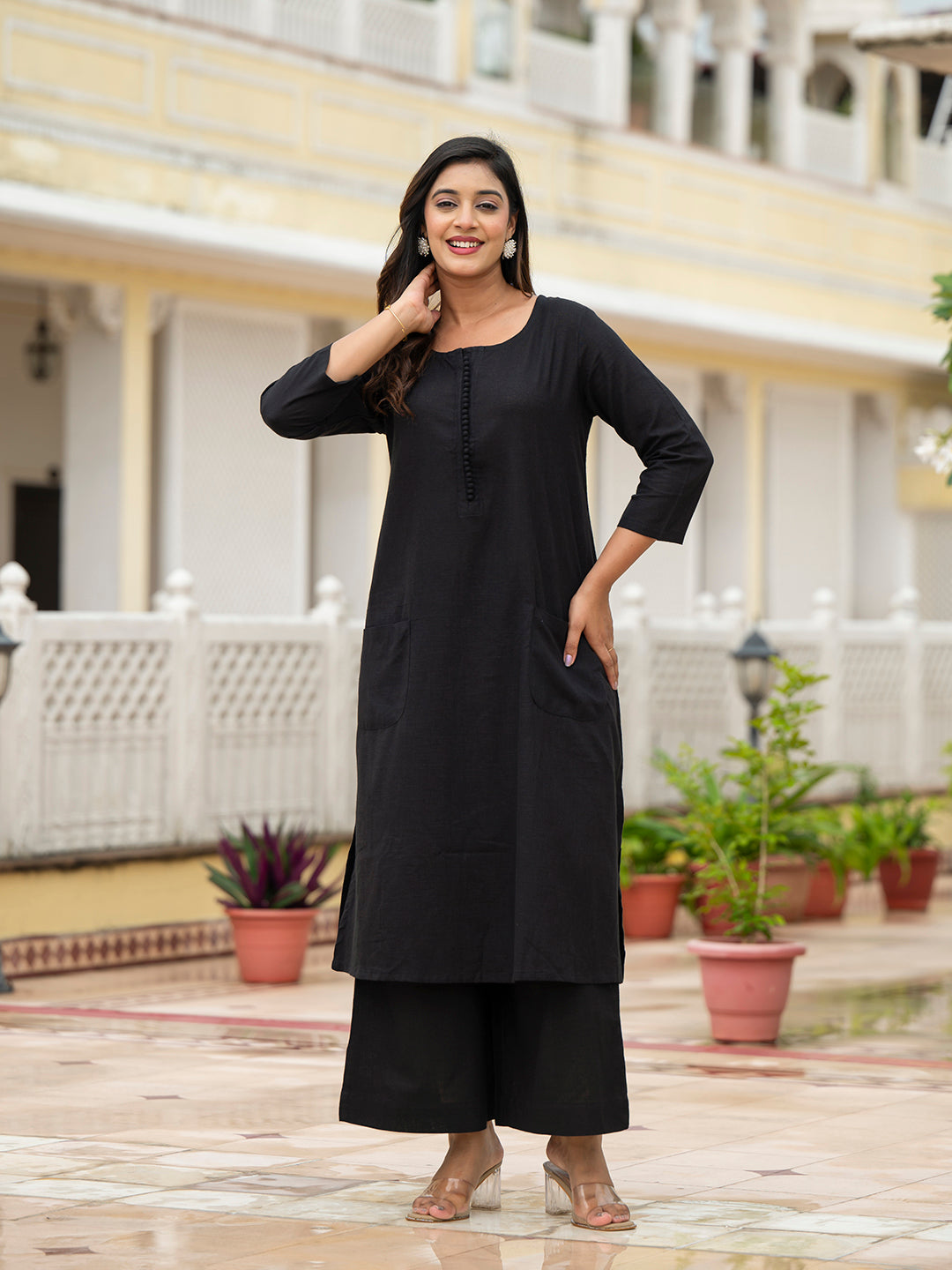 Black Solid Cotton Kurta Pant Set