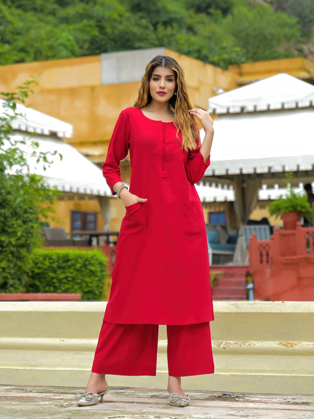 Red Solid Cotton A-line Kurta Pant Sets