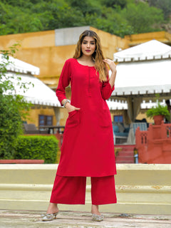 Red Solid Cotton A-line Kurta Pant Sets