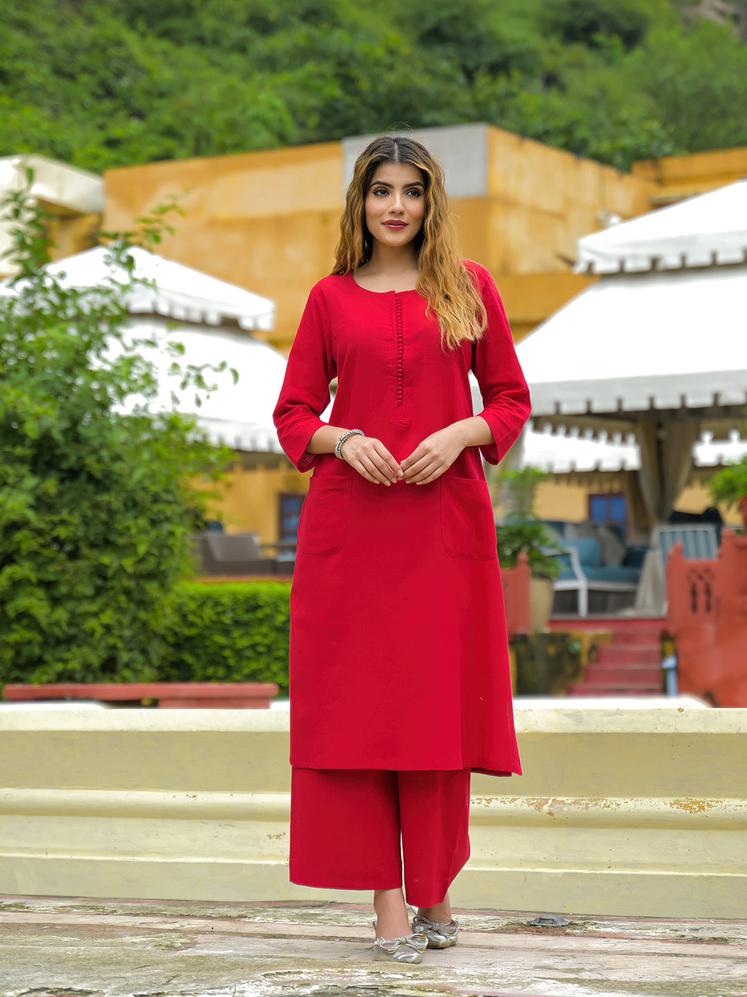 Red Solid Cotton A-line Kurta Pant Sets