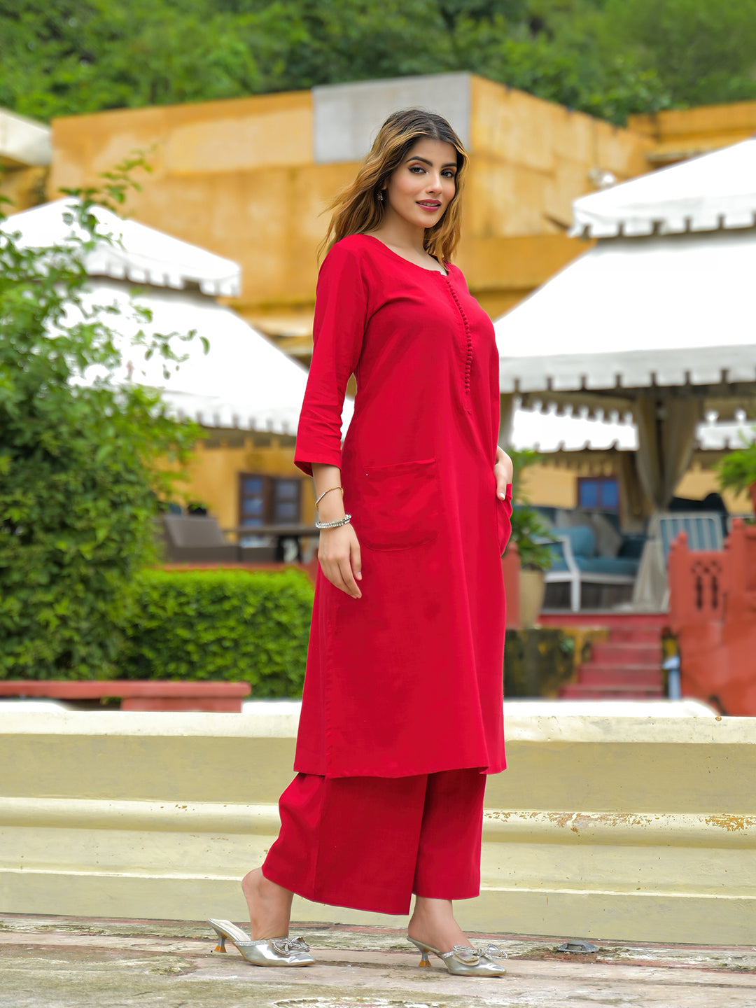 Red Solid Cotton A-line Kurta Pant Sets