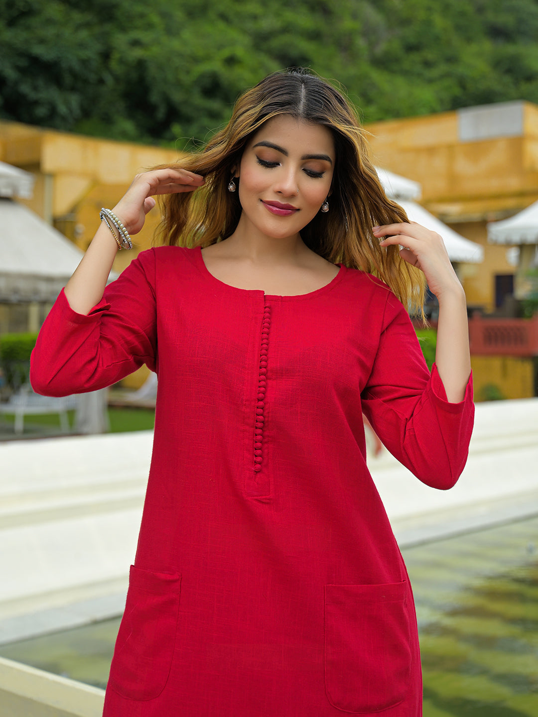 Red Solid Cotton A-line Kurta Pant Sets