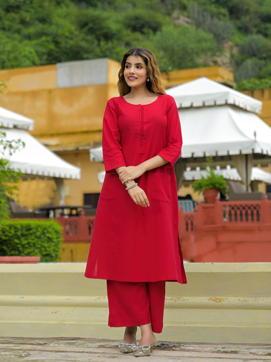 Red Solid Cotton A-line Kurta Pant Sets