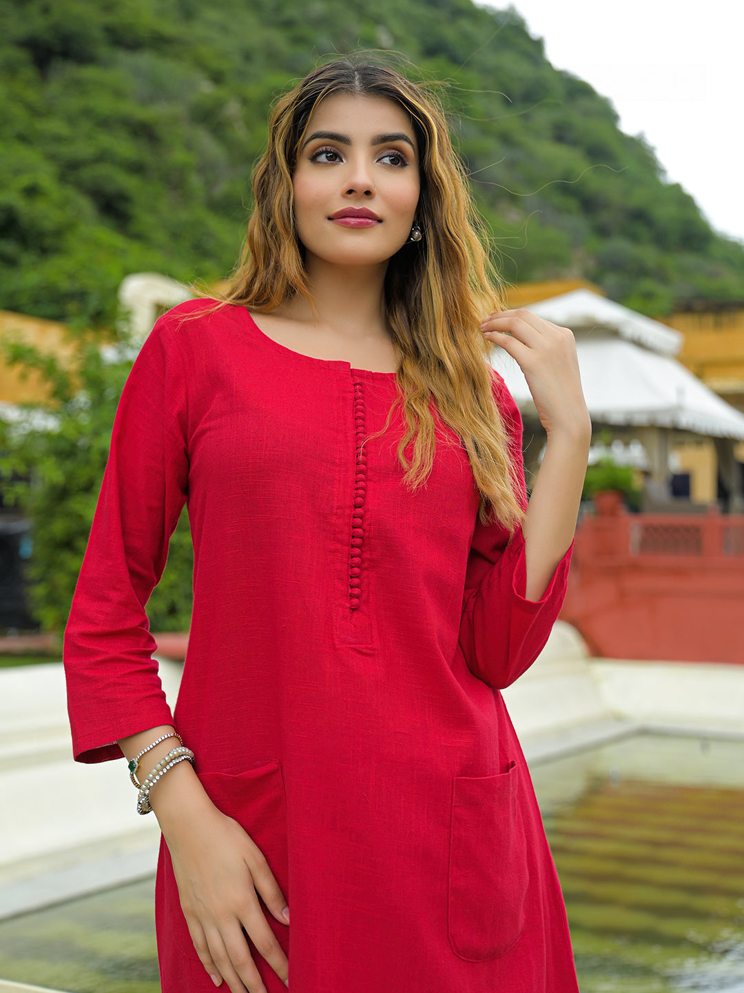 Red Solid Cotton A-line Kurta Pant Sets