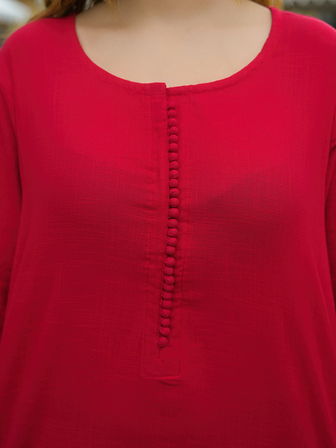 Red Solid Cotton A-line Kurta Pant Sets