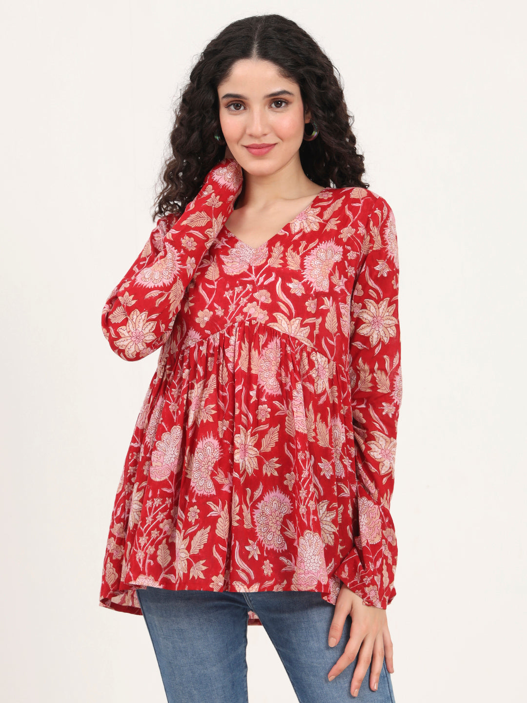 Red Floral Printed V Neck Cotton Top