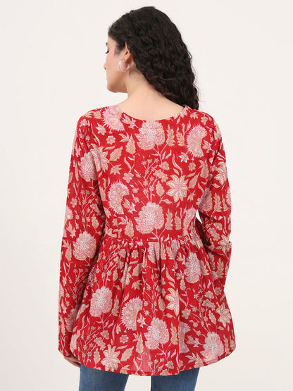 Red Floral Printed V Neck Cotton Top