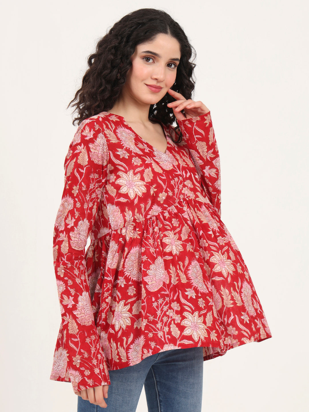 Red Floral Printed V Neck Cotton Top
