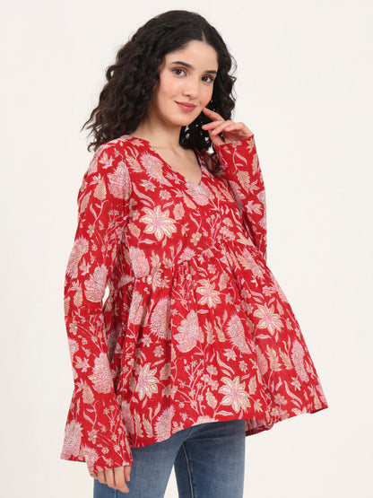 Red Floral Printed V Neck Cotton Top