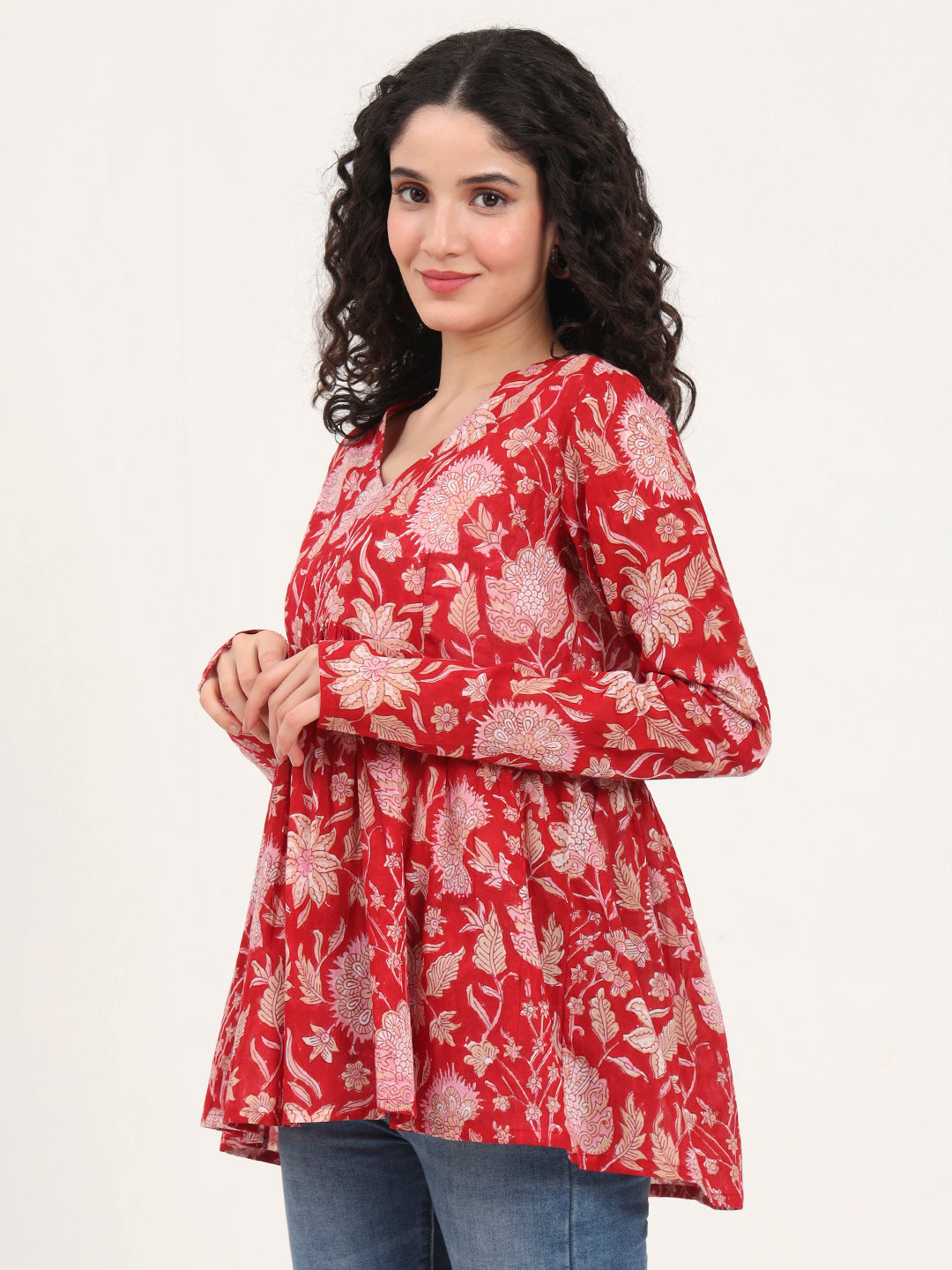 Red Floral Printed V Neck Cotton Top