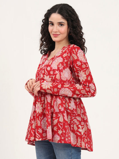 Red Floral Printed V Neck Cotton Top