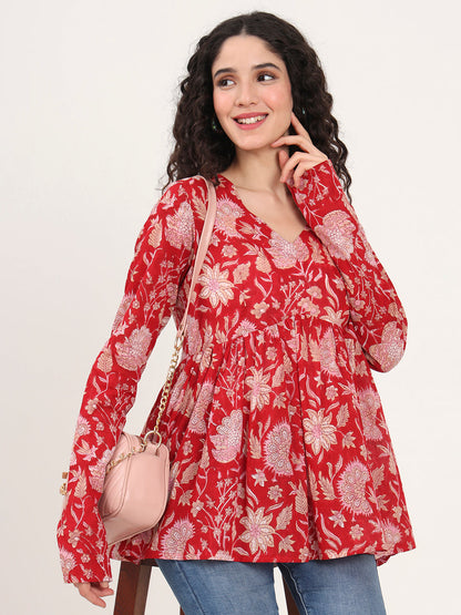 Red Floral Printed V Neck Cotton Top