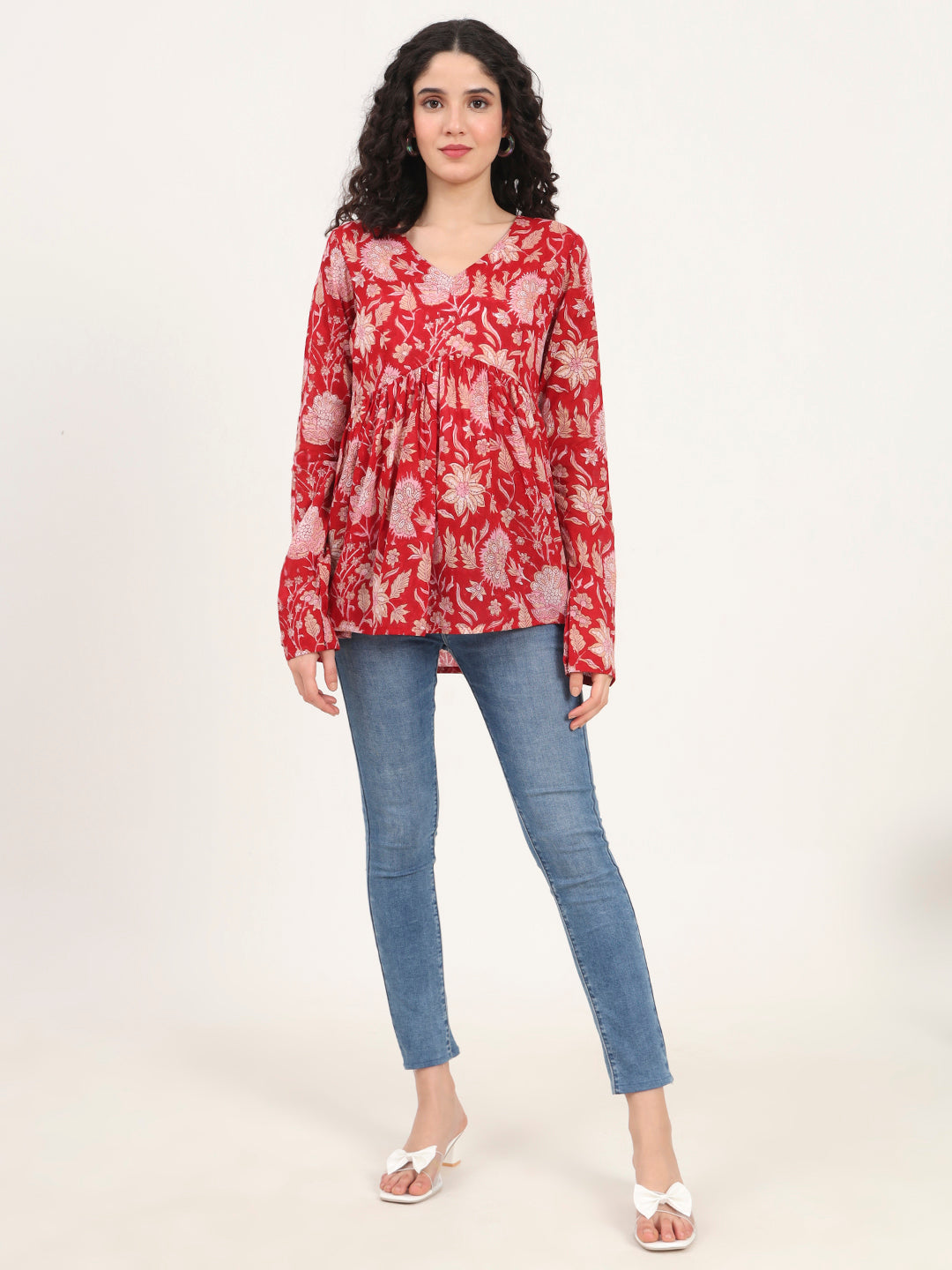 Red Floral Printed V Neck Cotton Top