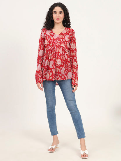 Red Floral Printed V Neck Cotton Top