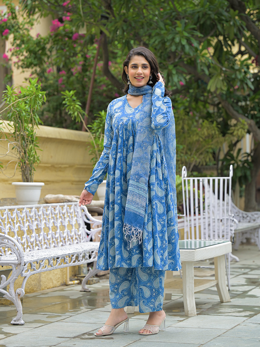 Blue Cotton Paisley Printed Kurta Pant Set With Dupatta