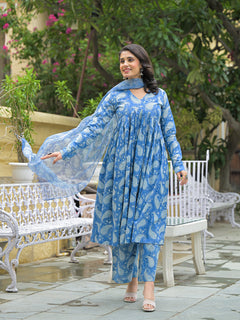 Blue Cotton Paisley Printed Kurta Pant Set With Dupatta