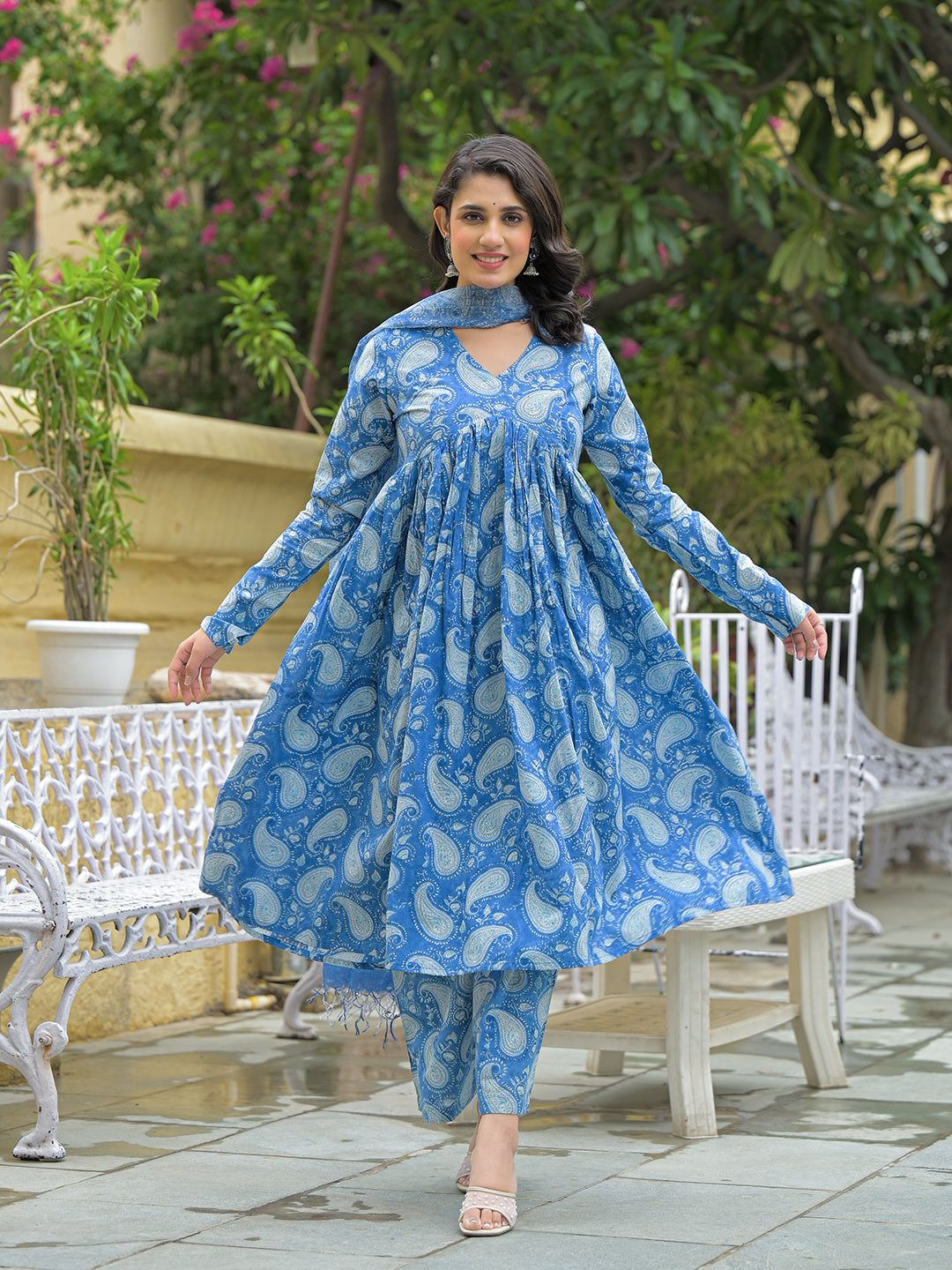 Blue Cotton Paisley Printed Kurta Pant Set With Dupatta
